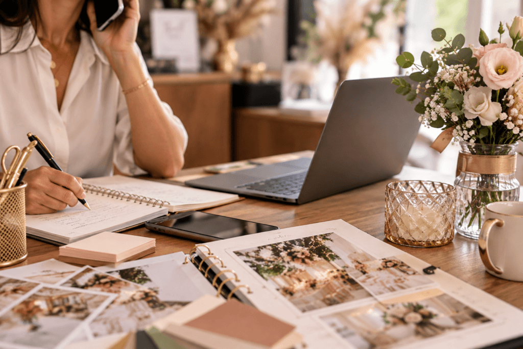 Wedding planner à l’écoute d’un couple pour l’organisation de leur mariage